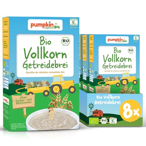 Pumpkin Organics Bio Vollkorn Getreidebrei (8er Pack) mit sanft-cemiger Textur Ideal für Beikoststart – Babybrei ohne Zuckerzusatz ab dem 6. Monat