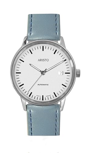Aristo Unisex Bauhaus Automatik Armbanduhr - Light Blue farbendes Lederarmband und poliertem silberweißem Edelstahl Ziffernblatt mit Front aus Mineralglas - Made in Germany