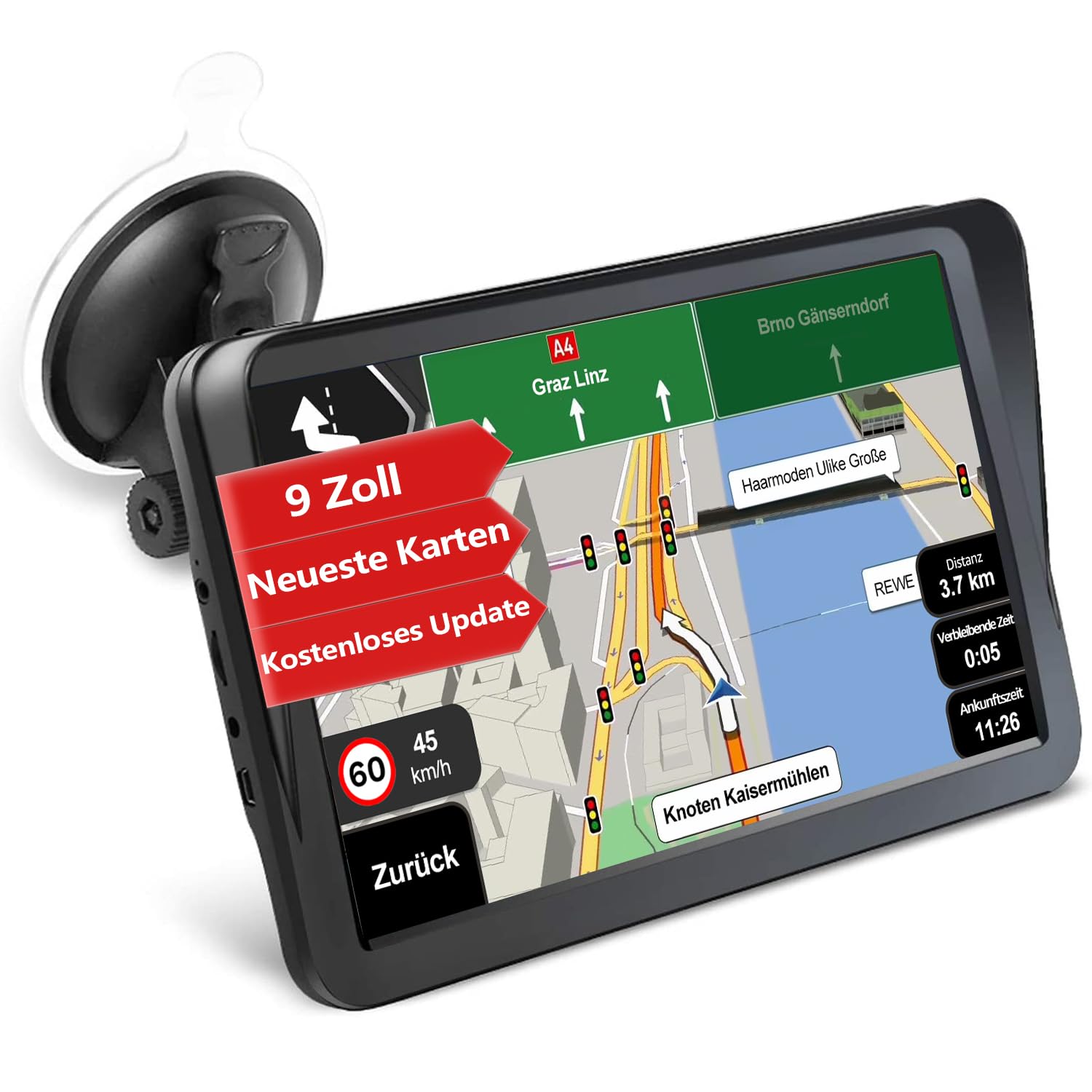 GPS Navi Navigation für Auto LKW PKW Aonerex 9 Zoll 16GB Navigationsgerät mit Sonnenschirm POI Sprachführung Fahrspurassistent UK & Europa Landkarte Lebenslang Kartenupdates