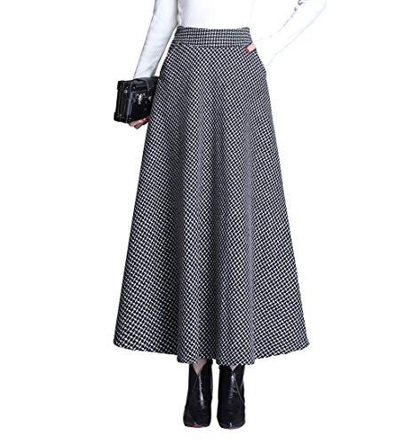 Damen Vintage Houndstooth Wollrock hohe Taille Langen röcke Warm Wolle Retro Elegant Winterrock Herbst Elastische Taille Rock (M (Taille: 68-74 cm), Schwarz-weiß)