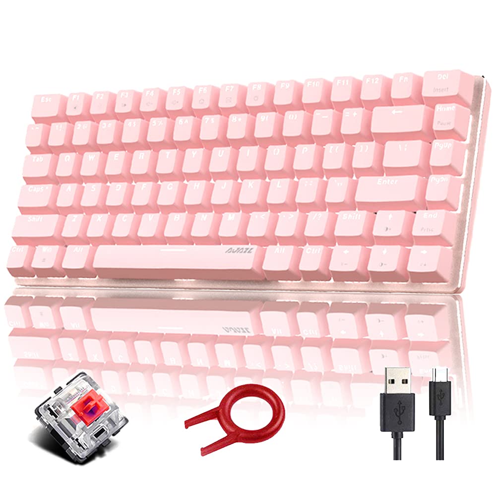 Hoopond AK33 Mechanische Tastatur, weiße LED-Beleuchtung,USB-Kabel,Mini-Gaming-Tastatur,82 Tasten kompakte Tastatur mit Anti-Ghosting-Tasten für Gamer und Schreibkräfte (roter Schalter, rosa)