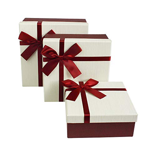 Emartbuy Set von 3 Geschenkbox, Burgandy Box mit Gestreiftem Deckel Cremefarben Und Satin Schleife