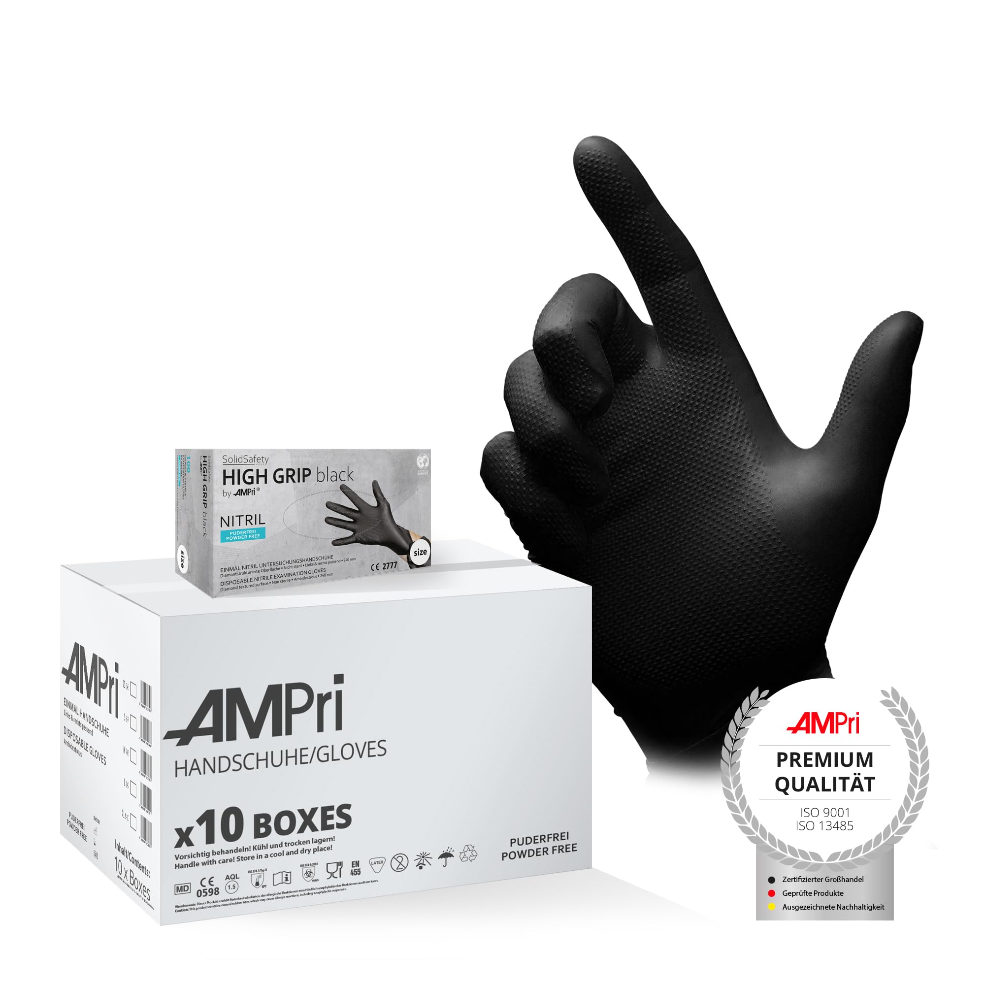 AMPri High Grip Einmalhandschuh aus Nitril, 10 Box a 100 Stk, Größe XL, schwarz, SolidSafety: extra griffiger und chemikalienbeständiger Arbeitsschutzhandschuh in den Größen S, M, L, XL, XXL
