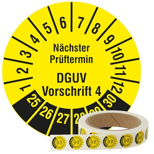 Labelident Mehrjahresprüfplaketten 2025-2030 - Nächster Prüftermin DGUV Vorschrift 4 - Ø 20 mm, 1.000 widerstandsfähige Prüfplaketten auf Rolle, Polyethylen, gelb, selbstklebend
