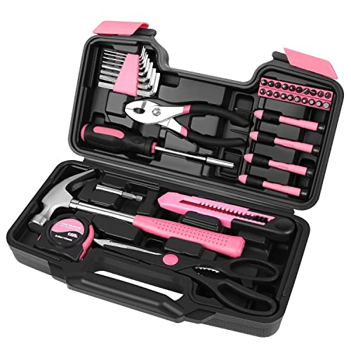 Flexzion Werkzeugset Box – Handwerkzeug-Set & Zubehör für allgemeine Haushaltsreparaturen mit Kunststoff-Werkzeugkasten-Aufbewahrungskoffer – Hausbesitzer-Werkzeugset (Rosa & Schwarz)