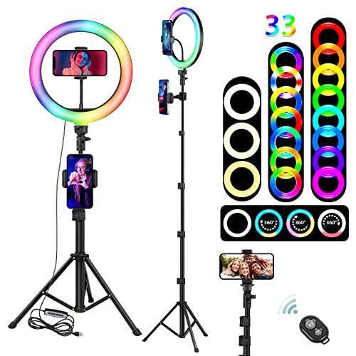 Ringlicht mit Stativständer und Handyhalterung, 25,9 cm LED-Selfie-Ringlichter mit Fernbedienung, 33 RGB-Modus, Ringlicht, 160 cm hoch, erweiterter Stativständer für Live-Streaming, Tiktok, YouTube