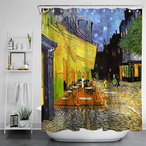 KEPPD Duschvorhang mit Van-Gogh-Gemälde, Van-Gogh-Abend-Café-Terrasse-Gemälde, wasserfester, schnell trocknender Polyesterstoff, extra Langer Badvorhang, 110 x 220 cm (43 x 87 Zoll), Duschvorhang