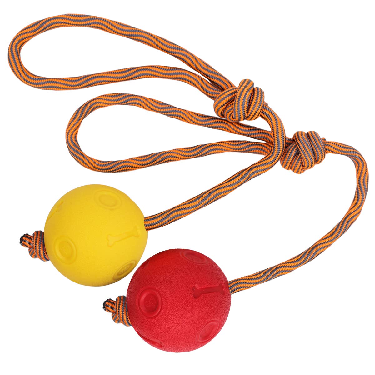 Hundespielzeug aus Seil, 2 Stück, Ball auf einem Seil, Hundespielzeug, unzerstörbar, natürlich, elastisch, zum Apportieren, Fangen, Werfen und Ziehen des Krieges (6 cm, rot + gelb)