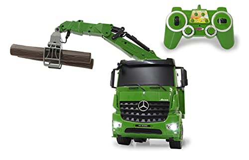Jamara 404935 Holztransporter Mercedes-Benz Arocs 1:20 2,4GHz – 4WD, über Sender bedienbarer Kran und Greifer, realistische Sounds abschaltbar, Licht, Blinker, inkl. Holzstämme, grün