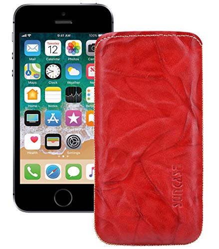 Suncase Original Leder Tasche kompatibel mit iPhone SE Hülle Handytasche Ledertasche Schutzhülle Case Etui *mit Rückzuglasche* wash rot