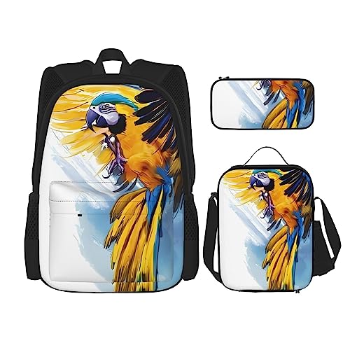 Rucksack mit fliegenden Papageien-Drucken, 3-teilig, Schulranzen mit Brotdose und Federmäppchen, geeignet für Jungen und Mädchen, Schwarz , Einheitsgröße, Kinderrucksack