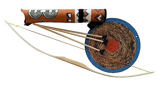 Kinderbogen 80 cm mit Zielführungsloch + 3 Pfeilen + Indianerköcher + Stroh-Zielscheibe Bogensport