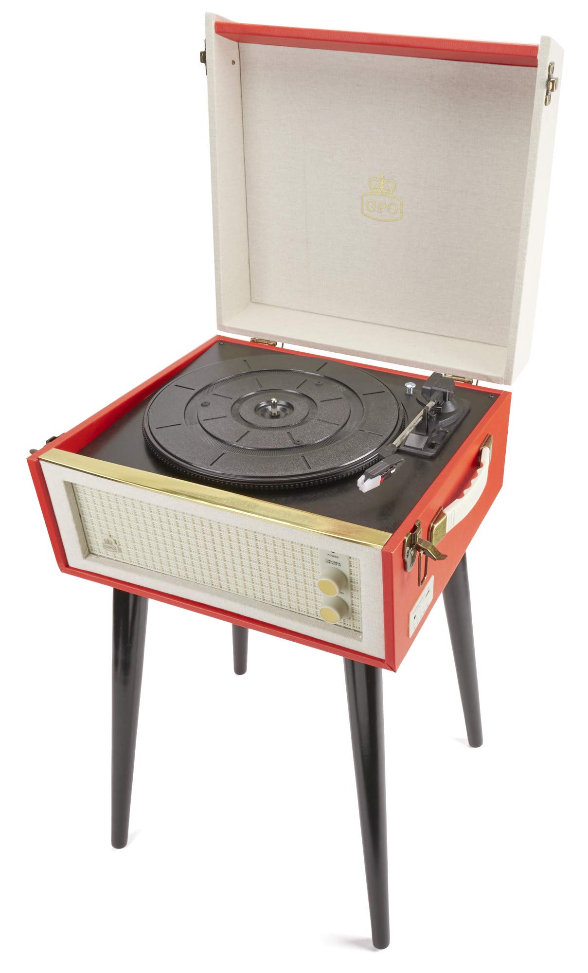 GPO Bermuda Plattenspieler; Klassischer Schallplattenspieler im Retro Stil mit MP3/USB; integriertem Lautsprecher, Rot
