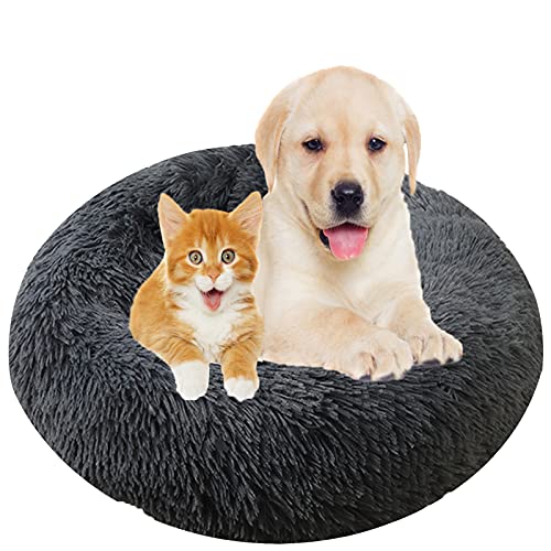 Hundebett, Rund Plüsch Haustierbett Flauschig Waschbares Katzenbett mit Reißverschluss Warme Donut Hundekissen für Haustiere- Dark Gray|| Ø 90cm/36in