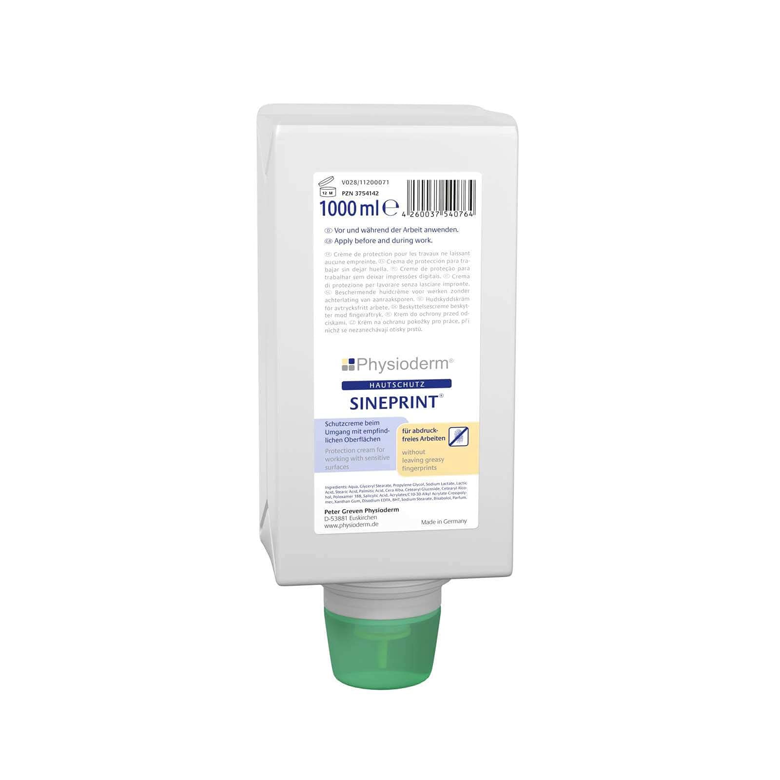 PHYSIODERM Handschutzcreme Sineprint, Hautcreme, Handcreme Schutz vor Fettabdrücken, Inhalt:1 Liter Varioflasche