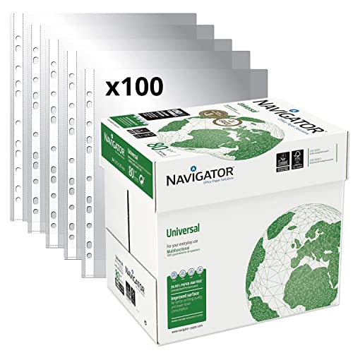 Packung mit 2500 Blatt Navigator Universal A4 80 g + 100 Kunststoff-Folio-Hüllen, DIN A4 - Opituria (2500 Blatt + 100 Hüllen)