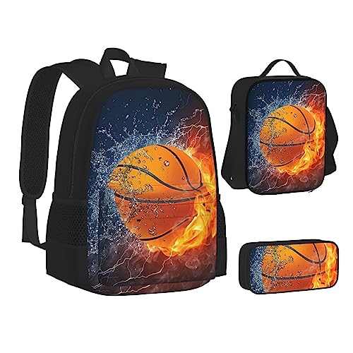 TOMPPY Basketball auf Feuer und Wasserflamme, bedruckt, mit Lunchtasche und Federmäppchen, 3-teiliges Rucksack-Set, Schwarz , Einheitsgröße, Schulranzen-Set