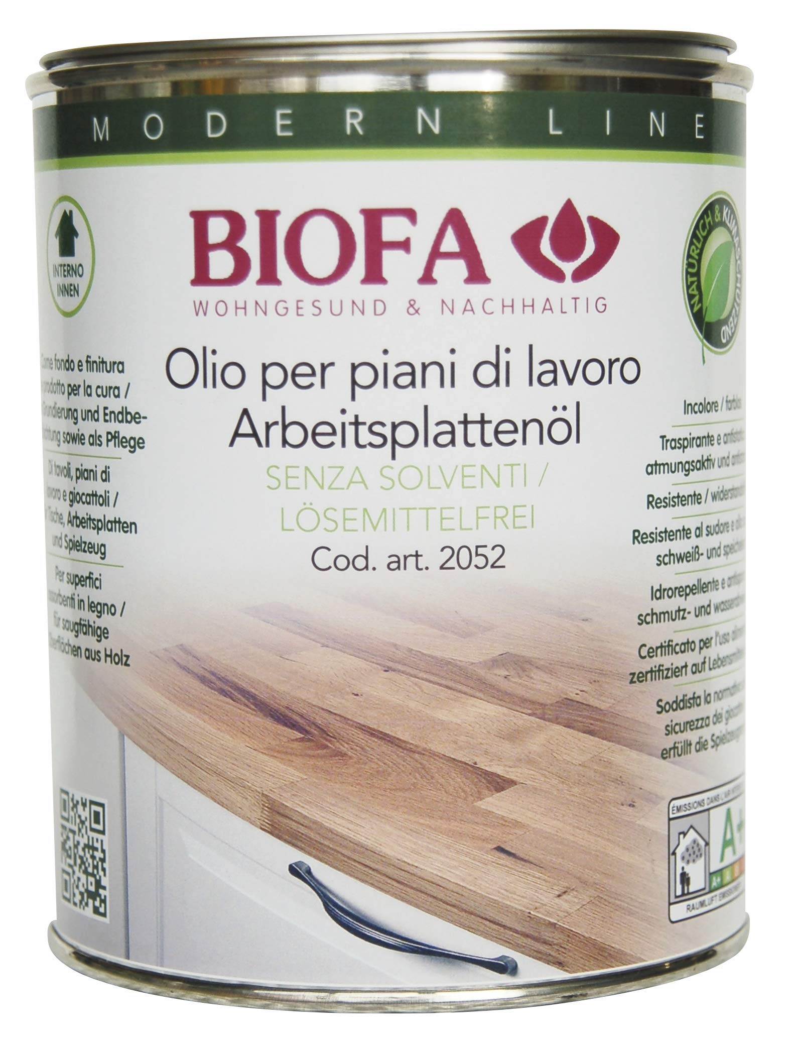 Biofa Arbeitsplattenöl lösemittelfrei - Pflege und Schutz für Holz Arbeitsplatten, Tische, Spielzeug (1 Liter)