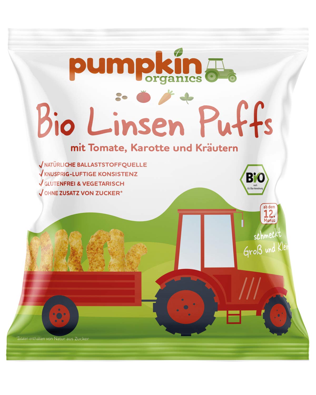 Pumpkin Organics Bio Linsen Puffs mit Tomate, Karotte & Kräutern, für Kinder und Babys ab dem 12. Monat, 24er Pack (24x20g)