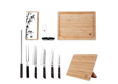 9-teiliges Set bestehend aus 6 Messern + magnetischem Messerhalter aus Bambus + Schneidebrett aus Bambus + Schleifset Körnung 400/1000