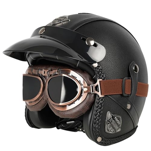 Leder Jethelm Retro Helm Motorradhelm Unisex Vintage, Rollerhelm Mopedhelm Chopper Helm mit Brille, ECE Genehmigt Jethelm Für Damen Und Herren 12,XXL