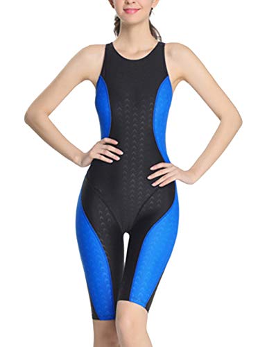 Feoya Damen Badeanzug Einteiler Schwimmanzug mit Bein Legsuit Bademode-Schwarz+Blau-2XL