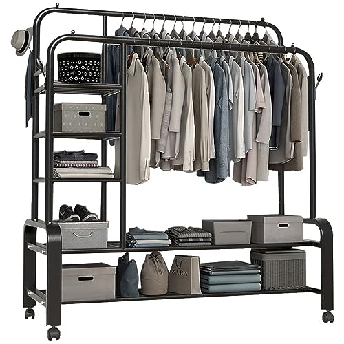 DODOBD Kleiderständer aus Metall, Multifunktionale Kleiderständer mit Rollen, Schlafzimmer, Kleiderstange, bis 100kg Belastbar, 360°Drehbare, für Flur, Eingangs: 120CM/140CM*50CM*135CM