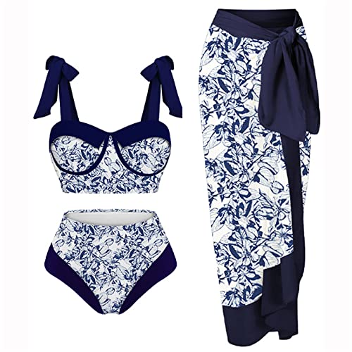 YIGZYCN 3-teiliger Damen Badeanzug Damen Set Badeanzug Mit Blumenmuster Und Strandrock Mit Schnürung Für Den Urlaub