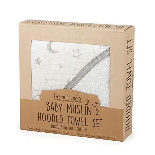 Petite Piccolo 8004ST Baby Muslin Hooded Handtuch Set, Stars & Moon, weiß