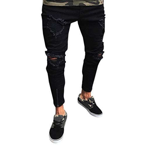 Herren Jeanshose Slim Fit Strech Skinny Destroyed Löchern Jeans Denim Jeans Hosen (32, X-Schwarz A)