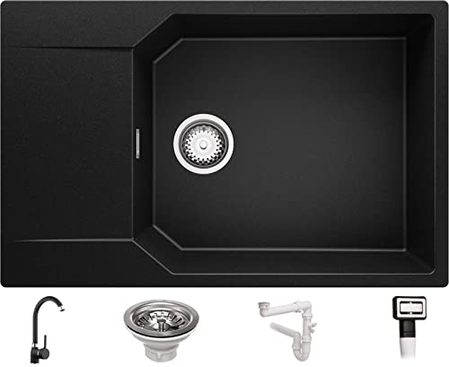 Spülbecken Schwarz 78x50 cm, Granitspüle + Ablauf-Set + Küchenarmatur 5000, Küchenspüle für 60er Unterschrank, Einbauspüle von Primagran