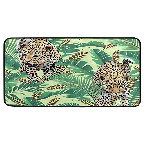 AUUXVA Funnyy Küchenmatte Tropische Tiere Leopard Palmen Blätter Rutschfester Bereich Teppich Gummi Bequem Bad Fußmatte Bodenmatte für Küche Badezimmer Home Decor 99,1 x 50,8 cm
