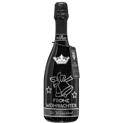 Geschenk Weihnachten personalisiert Prosecco Flasche 0,75 l mit Strass verziert Motiv: FROHE WEIHNACHTEN Glocken
