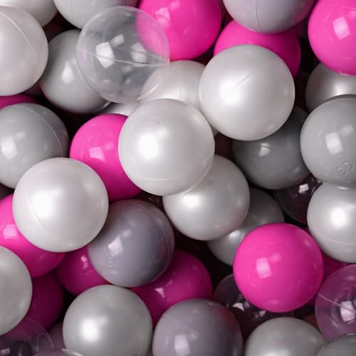 MEOWBABY 50/500 ∅ 7Cm Kinder Bälle Spielbälle Für Bällebad Baby Plastikbälle Made In EU (500 Bälle/7cm, Grau/Dunkelrosa/Weiße Perle/Transparent)