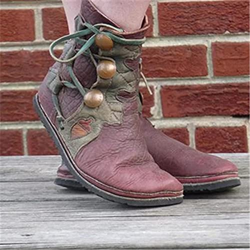 Mooke Stiefeletten Für Damen, Mittelalterliche Lederschuhe Kreuzriemen Stiefeletten Viktorianische Renaissance Stiefel Schuhe Cosplay,Rot,41