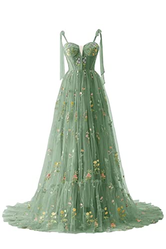 Frauen Blumen Stickerei Abendkleider Abschlussball Kleider Spaghetti Träger Brautjungfernkleid A Line Formal Party Kleid(B-Grün,40)