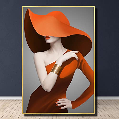 Orange Hut Sexy Frau Poster Mode Modell Mädchen Leinwand Malerei HD Druck Wandkunst Leinwand Poster Moderne Dekoration 50x70 cm Rahmenlos