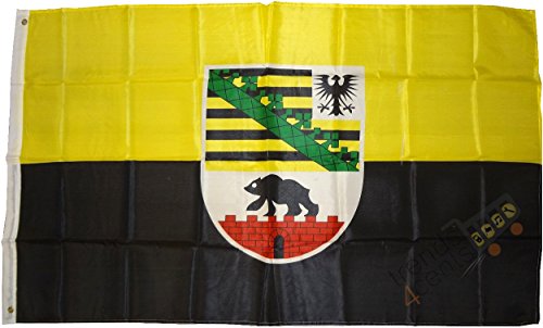 Top Qualität - Flagge SACHSEN-ANHALT MIT WAPPEN Fahne, 250 x 150 cm, EXTREM REIßFEST, Keine BILLIG-CHINAWARE, Stoffgewicht ca. 100 g/m², sehr robust, extra starke Messing-Ösen