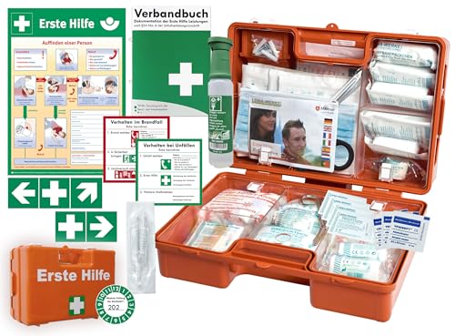 Erste-Hilfe-Koffer/Verbandskasten aktuelle DIN/EN 13157 inkl. Augenspülung + BG-Info-Komplettpaket mit Aushang & Rettungszeichen