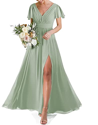 HPPEE Hochzeit Brautjungfer Kleid für Frauen Doppelter V-Ausschnitt Kurzarm Formelles Abendkleid mit Schlitz, graugrün, 32