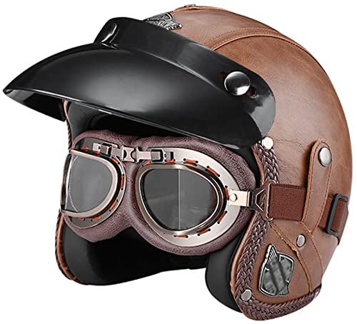 Retro-Motorrad-Jethelm mit Brille Leder-Jethelm 3/4-Motorrad-Halbschutzhelm für Erwachsene Abnehmbare Krempe ECE-Zulassung Sturzhelme für Männer und Frauen Moped Roller J,L=(59-60CM)