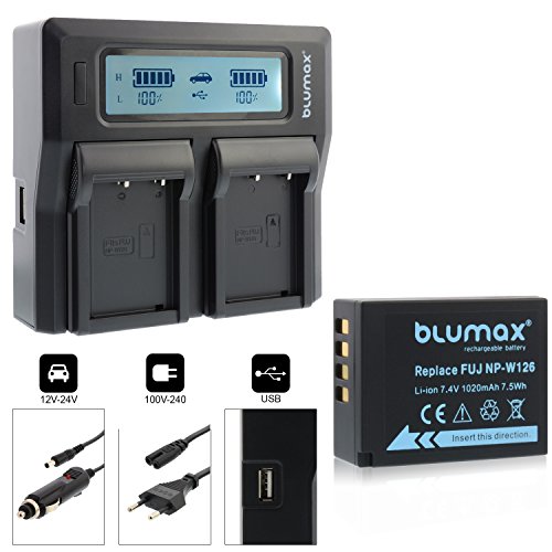 Blumax Akku für Fujifilm NP-W126 1020mAh + Doppelladegerät für NP-W126 Dual Charger |kompatibel mit FinePix X-A3 X-T20 X100F X-A10 X-T1 X-T2 X-T10 X-Pro2 X-E1 X-E2 X-M1 X-A1 X-A2 X-Pro1 X-ES2 HS50EXR HS35 HS30EXR HS33EXR