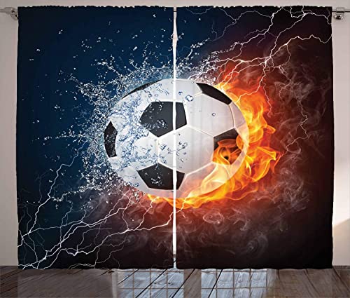 YUANCHENG Sportvorhänge Fußball auf Feuer und Wasser Flamme spritzt Donnerschlag Abstraktes Konzept Kunst Wohnzimmer Schlafzimmer Fenster