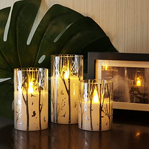 Rhytsing flammenlose Kerzen im Glas Birke Design, 3 Glaswindlichter mit 24 Stunden Timer, warmweiße Licht mit Batterien enthalten