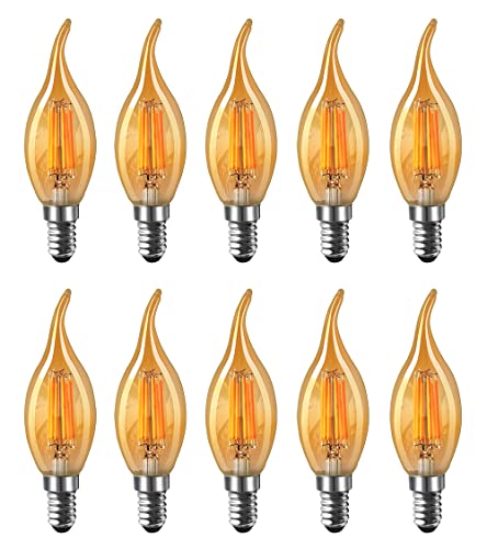 10er-Pack MENTA 6W E14 Kerze LED Lampe, Bernstein Glas, Vintage Lampe, 6W (ersetzt 60W), 600lm, Warmweiß 2700K, Kerzenform Filament LED Leuchtmittel, Classic Kerze Glühbirne, Flamme, Nicht Dimmbar