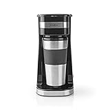 Nedis - Kaffeemaschine - Edelstahldesign - Reisebecher mit Deckel - Doppelwandige Isolierung - Anti-Tropf-Funktion - 1 Tassen auf Einmal - 0.4 L - Schwarz/Silber