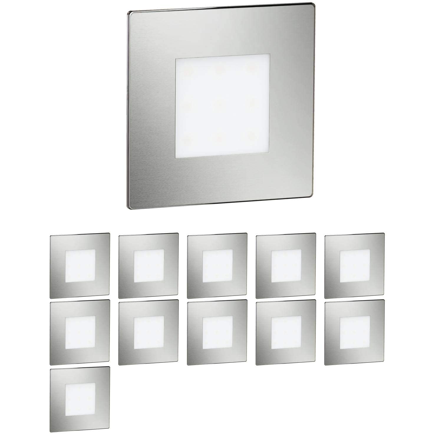 ledscom.de 12 Stück LED Treppenlicht/Wandeinbauleuchte FEX für innen und außen, eckig, edelstahl, 85 x 85mm, warmweiß