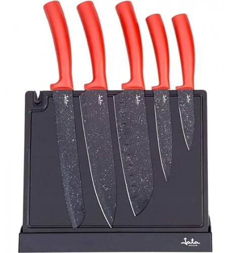 Jata HOGAR HACC4502 5-teiliges Küchenmesser mit Magnethalter zur Aufbewahrung inkl. Schärfer aus Stahl, Griff aus Polypropylen, einfache Reinigung, Antihaftbeschichtung