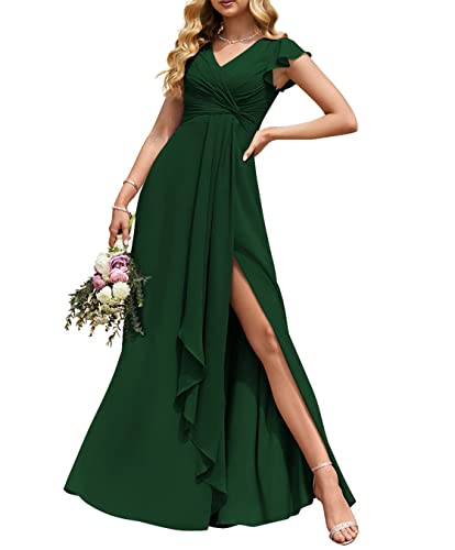 Hochzeit Trauzeugin Kleider Elegant Lange Empire Taille Plissee Flowy Rüschen Abendkleider mit Schlitz, smaragdgrün, 38