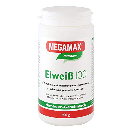 Megamax Eiweiss Himbeere 400 g | Molkenprotein + Milcheiweiß Für Muskelaufbau ,Diaet | 2k-Eiweiss ideal zum Backen | hochwertiges Low Carb Eiweiß-Shake | aspartamfrei Eiweiß-pulver mit Aminosäure